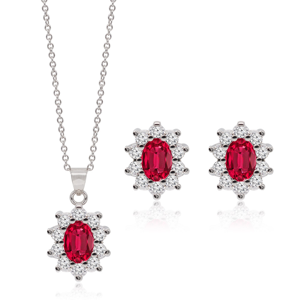 Rhodium Plated Red Gemstone Sunburst Jewelry Set